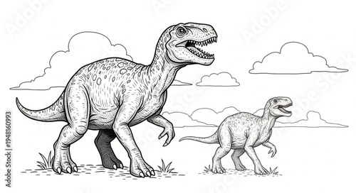 Two Tyrannosaurus Rex Dinosaurs Roaming in a Prehistoric Landscape.