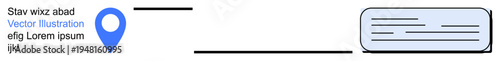 Navigation, business location, user interface, mapping, communication, direction services. A blue location pin and text card placeholder. Navigation and business location concept