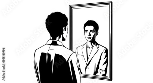 Man Contemplates Reflection in Mirror, Facing Inner Self.