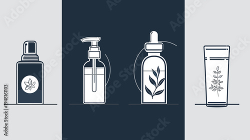 Four stylized cosmetic bottles and a cup with botanical designs in a split panel