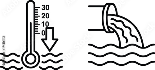 Water pollution and temperature measurement icon set showing thermometer level indicator and wastewater pipe discharge environmental monitoring symbols