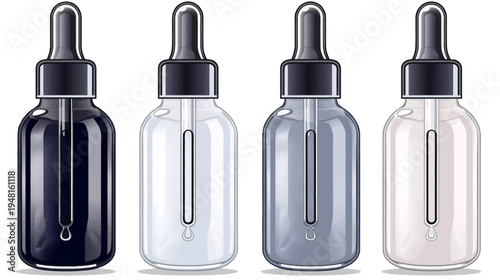 Row of four dropper bottles, filled with differing tints of liquid, clean design