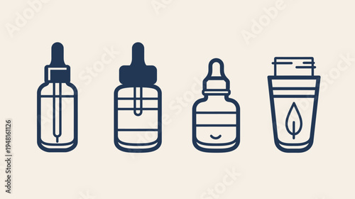 Illustration of four dark blue cosmetic or medical containers on a beige background