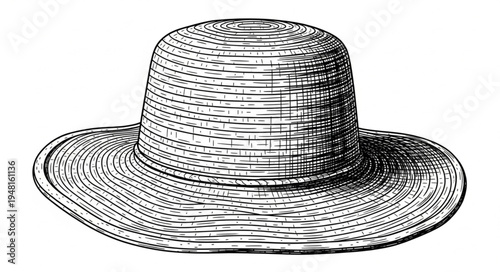 Vintage Straw Hat with Wide Brim and Rounded Crown.