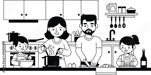 family cooking together in kitchen