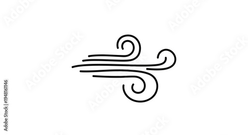 A minimalist black line art illustration depicting wind blowing horizontally with swirling ends on a clean white background.
