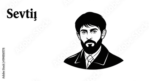 Illustration of Sevtij, a man with a beard and dark hair.
