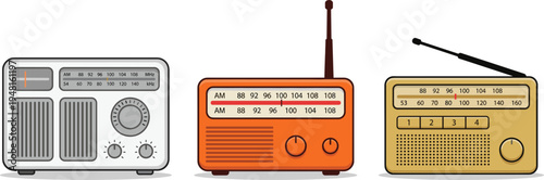 Vintage radio receiver icon set featuring retro broadcast devices with antennas knobs speakers classic technology equipment illustration collection
