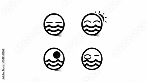 Graphic icons of circular "face" with waves below, expressing varied emotions, simple black outlines