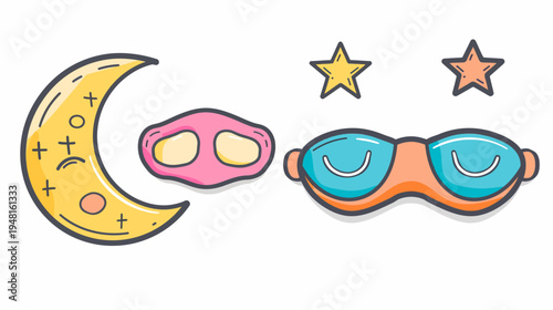 Cartoon illustration features a moon, sleep mask, pillow, and stars on a white backdrop