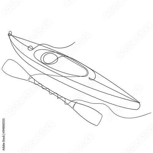Single continuous line drawing canoe trails and rafting club with kayaking equipment
