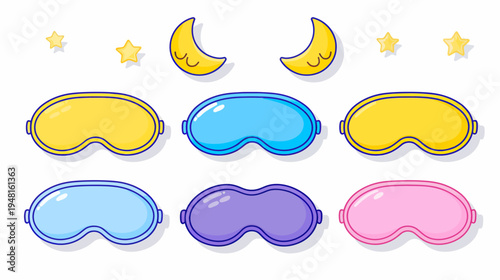 Colorful, cartoon-style sleep masks with moons and stars against a white background