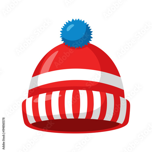 A red and white striped winter hat with a blue pom pom on top