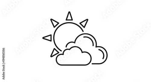 A simple line art icon depicting a bright sun partially obscured by two fluffy clouds, symbolizing partly sunny weather conditions.