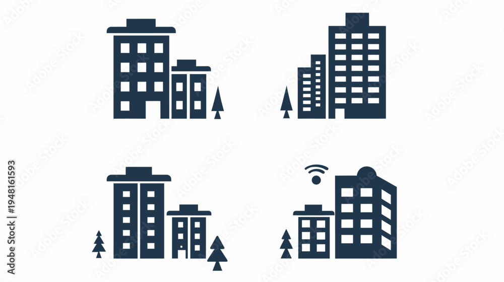 Fototapeta premium Icons show urban landscapes of building pairs with varying heights and pine trees