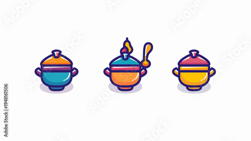 Three colorful lidded pots, one with steam and a spoon, on a white background