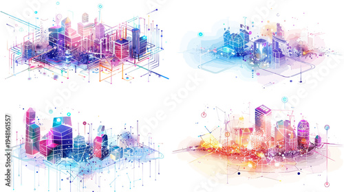 Abstract watercolor cityscape renderings, each depicting a modern, vibrant urban scene