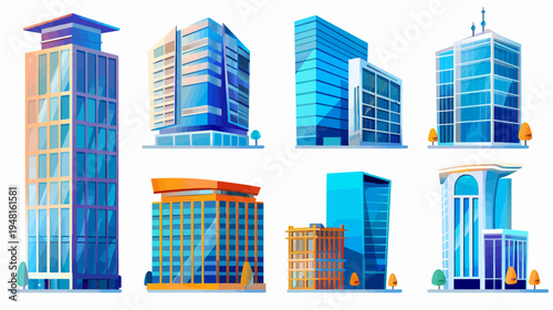 Cartoon illustration of eight distinct, colorful, modern buildings with various geometric shapes