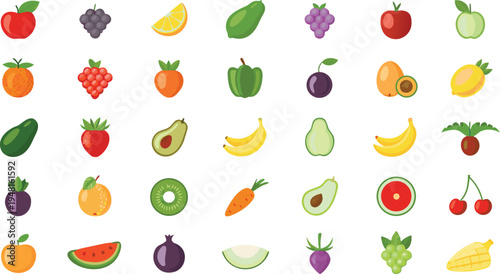A versatile vector icon set of assorted fruits and vegetables, presented on a clean white background. 