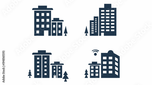 Icons show urban landscapes of building pairs with varying heights and pine trees