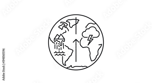 A line art illustration of Earth depicting environmental and weather phenomena like rain, water cycle, and storms.