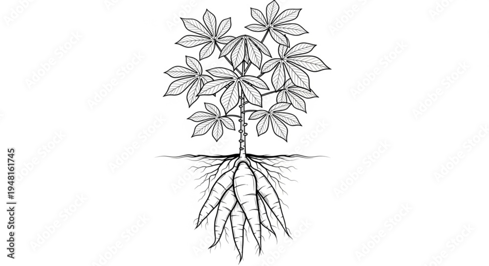 Obraz premium Detailed Cassava Plant Illustration with Roots and Leaves.