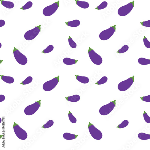 Seamless pattern with eggplants. Purple vegetables of various sizes are randomly arranged on a white background. Vector illustration.