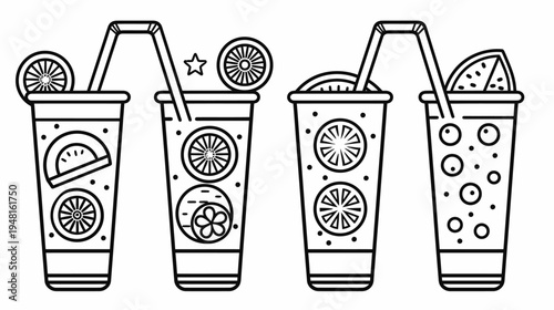Black and white outline drawing of four drinks, each decorated with fruit and straws