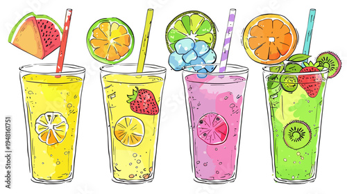 Four stylized fruit drinks in clear glasses, with colorful slices and straws, against white