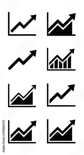 Financial Growth Charts Icons Set: Upward Trend Arrow and Bar Graphs
