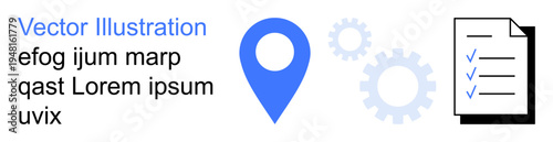 Business workflows, process optimization, navigation, documentation, data processing, project management. Blue location pin, gears checklist document. Workflow and process management