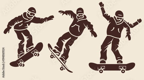 Silhouetted skateboarders in motion, wearing gear, in dark brown against a tan background