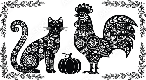 Folk art cat and rooster illustration with pumpkin, decorative floral animals, traditional Scandinavian style vector ornament design
