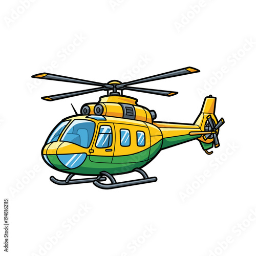 A cartoon yellow and green helicopter with rotor blades