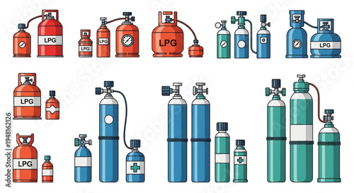 Diverse Collection of Gas Cylinders - Oxygen, LPG, and Medical Gases.
