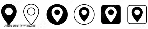 Set of location icons for web design and interfaces. Graphic symbols of map pointers and address marks in black and white colors. Vector illustration.