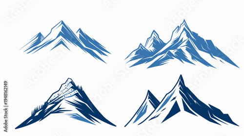 Four mountain range vectors in blue hues, varying designs on a white background