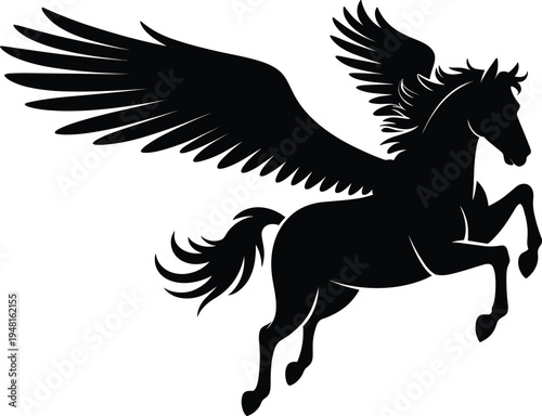 Flying Pegasus horse silhouette vector illustration, mythical winged horse fantasy creature symbol isolated on white background design