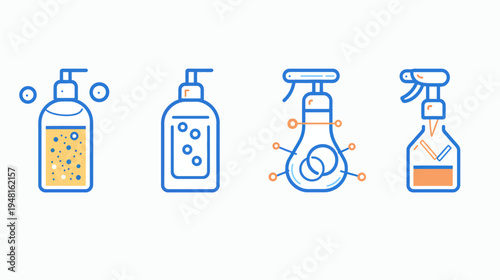 Four blue and orange icons of different bottles on a clean white background