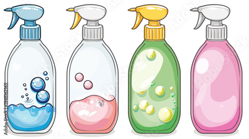 Four cartoon spray bottles filled with colorful liquid and bubbles, isolated on white