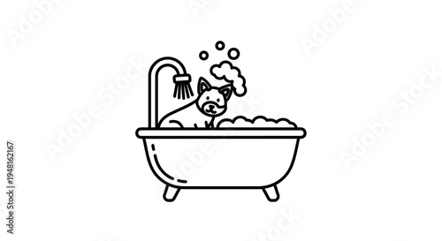 Line art illustration of a cute dog enjoying a bubbly bath in a classic bathtub with a shower head.