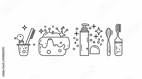 Line art illustration of bathroom items, including toothbrush, soap, shampoo and rubber duck
