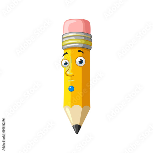 A cartoon pencil with a face and a pink eraser