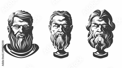 Three stylized gray bust portraits with long beards, on a stark white backdrop