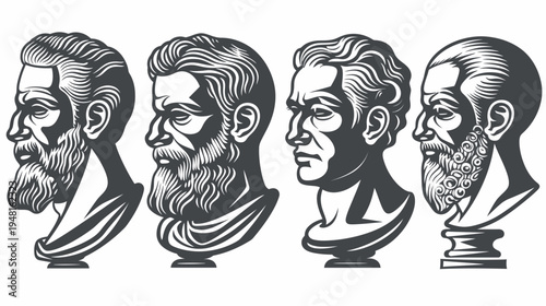 Four busts of men with diverse hair & facial hair styles, sculpted in grayscale