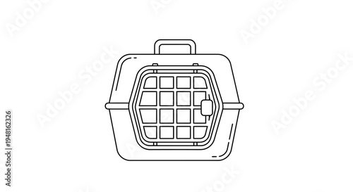 Line art illustration of a pet carrier with a handle and a grid door, designed for transporting small animals safely and comfortably.