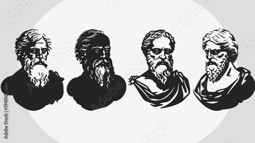 Four busts of bearded men in black silhouette, placed against a grey and white background