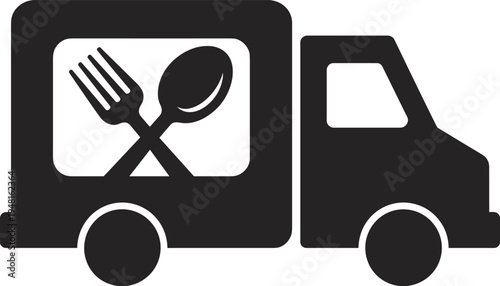 Food delivery truck icon, restaurant takeaway transport service symbol, fast courier meal delivery concept, black silhouette vector illustration