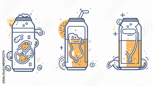Three soda cans with line art, drinks inside, and abstract decorative elements around them