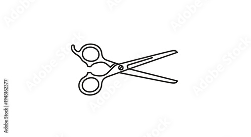 A simple line art drawing of a pair of open scissors, commonly used for cutting hair or fabric.